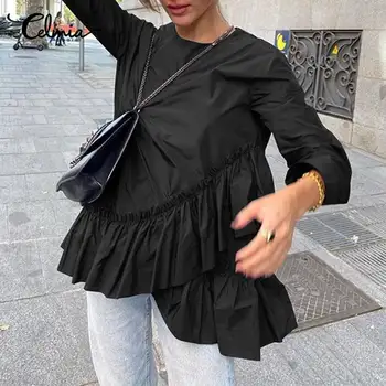 Celmia Topuri Elegante Femei Maneca Lunga Bluze Asimetrice Gât Rotund Elegant Volane Top Casual Tunica Blusas Femme