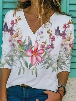 Elegant V-Neck Femei de Primavara Toamna Noua Moda Pulover Maneca Lunga Topuri Vintage Print Floral Doamna Bluza Tricouri Plus Dimensiune 5XL