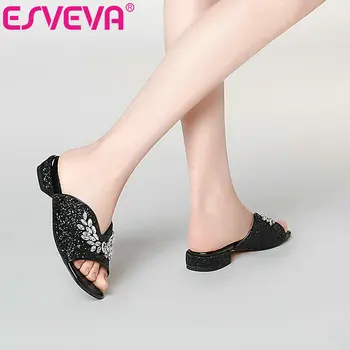 ESVEVA 2021 Femei Sandale Piele Toc mic Patrat de Cristal Rotund Toe Alunecare Pe Sandale Talpa Moale Pantofi Mărimea 34-41
