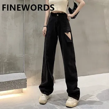 FINEWORDS Talie Mare Libertate Mare Gaură Neagră, Blugi Femei coreene Streetwear Epocă Blugi de Lungime Completă Spălat Blugi Drepte