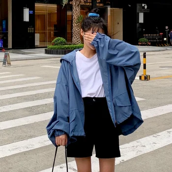 Jachete de bază Femeile cu Pălărie Maneca Lunga Solid de protecție Solară Simplu Versiunea coreeană Student de Moda de petrecere a timpului Liber de Toate-meci cu Fermoar Facultate