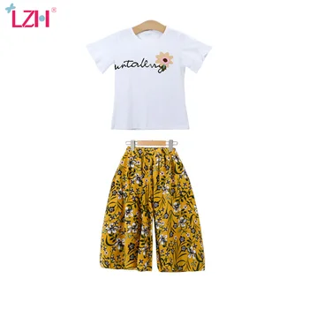 LZH 2021 Vară cu Mânecă Scurtă+Trunchiate Pantaloni Largi Set Flori Haine Pentru Adolescent Drăguț Copii Costum 4-12 Ani Copii Haine
