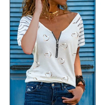 Moda Decor Femei de Vară Inima de Imprimare T-Shirt Pentru Streetwear Fermoar V-Neck Maneca Scurta Casual, Pulovere Largi de Sus 3XL G2534