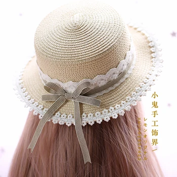 Mori pastorală moale fata de lolita de zi cu zi dantelă dantelă carouri pălărie de paie dulce Japonezi rochie, palarie