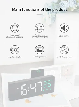 Oglindă Ceas Deșteptător Tăcut LED Ceas Digital Dormitor Control Vocal Temperatura de Afișare Modul 3 Reglabile Electronic Ceas de pe Desktop