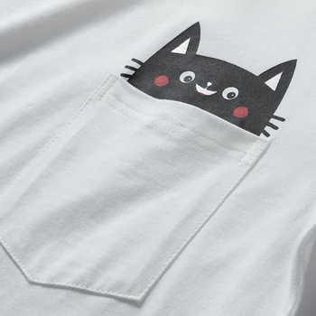Pisica Neagra Print Tee Shirt Mens Buzunar Cat T-Shirt Om De Epocă Coreean Topuri Confortabil Tricouri De Sex Masculin