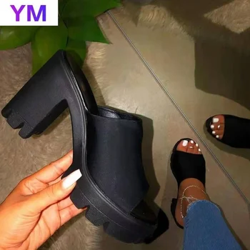 Platforma de Vara Femei Sandale Degetele de la picioare Deschise Sexy, cu Toc inalt PU Pantofi pentru Femei Culoare Solidă Pătrat cu Tocuri, Sandale de Plajă Zapatillas Mujer