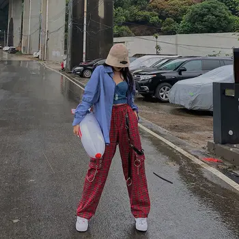Punk Lanț Pantaloni Femei Harajuku Goth Carouri Carouri Pantaloni Sex Feminin Streetwear Estetice Hip Hop Egirl Grunge Emo