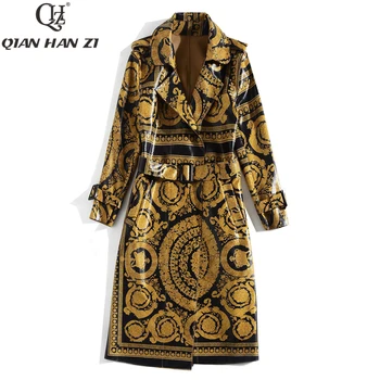 Qian Han Zi cele mai Noi Toamna de Moda Pistei haină Lungă Femei maneca Lunga model vintage print curea de piele Strălucitoare trenci ofițeresc