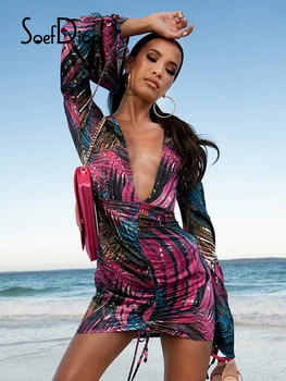 Soefdioo Frunze Printed V-Neck Maneca Plin Drawsting Mini-Rochie Pentru Femei De Moda De Plajă, Îmbrăcăminte De Vară Sexy Petrecere De Club Rochie Bodycon 2021