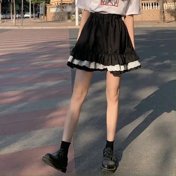 Talie Elastic Ondulat Marginea Rochie de Bal Vară Mini Negru Talie Mare pentru Femei Fusta Noua Moda Japonia Stil Fuste pentru Fete