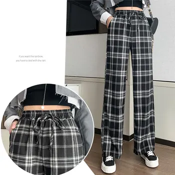 Talie mare retro carouri pantaloni de vara pentru femeie nou stil coreean cordon pierde piciorul drept casual drapat carouri pantaloni largi