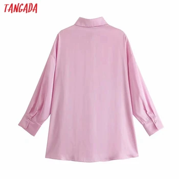 Tangada Femei Retro Roz din Satin Bluza Camasa Maneca Lunga 2021 Chic Feminin Tricou Topuri 3H284