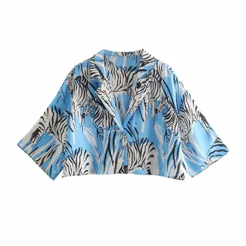 TRAF Za 2021 Albastru Tricou Femei Culturilor Sus Feminin Scurt, Bluze cu Maneca Femeie de Vara Tricou cu Guler Buton-Up Bluza Bluze Elegante
