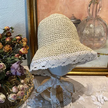 Vintage Pliabil Pălării De Soare Victorian Lolita Pliabil Dantela Pălărie De Paie Vara Țesute Retro Femei Fata De Copil Părinte Paie Pălărie Găleată