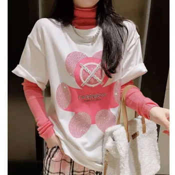 XUXI Femei T-shirt de Unghii Șirag de mărgele de Fierbere Fierbinte Zircon Moda Tricou Urs Scrisori de Imprimare Vrac ShortSleeve Tricou de Vară 2021 E680