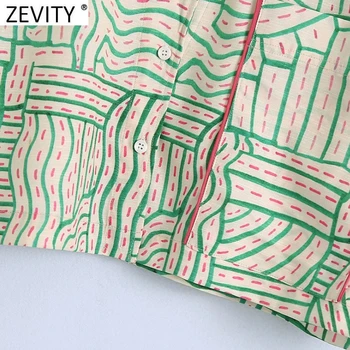 Zevity Femei Vintage imprimeu Geometric Chimono Scurt Bluza Femei cu Maneci Scurte Casual Buzunar Cămașă Chic de Agrement Blusas Topuri LS9497