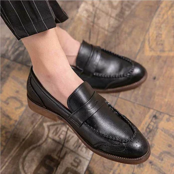 2021 Bărbați Manual PU Negru Retro Mocasini Toc mic Confortabil Tendință de Moda Clasic de Afaceri de Moda Pantofi Casual ZQ0337