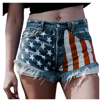 57# Femei De Vară Pantaloni Scurți Sexy America Pavilion De Imprimare Pantaloni Pantaloni Largi Uzura Designer De Talie Elastic Spălat Blugi Rupți Streetwear