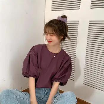 Bluze Femei Dulce coreeană Stil Preppy Elevii Liber Confortabil Hipster de sex Feminin Puff Maneca All-meci Culoare Pură Mujer De Moda