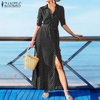 Boem Printed Maxi Dress Talie Inalta Femei Sundress ZANZEA 2021 Casual cu Buline de Plajă, tricouri Vestidos de sex Feminin Rever Halat 7