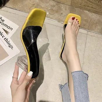 BRKWLYZ 2021 Vara PVC Femei Sandale Crystal Square Toe Tocuri Sexy Catâri Femei Transparent Toc Sandale Papuci de casă Pompe