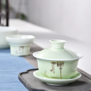 China Pictate manual Gaiwan,Dehua de Înaltă calitate ceai portelan alb set de ceasca de călătorie Frumoasă și ușor fierbător