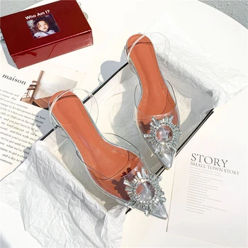 Clar PVC Transparent Plat Sandale cu Toc Femeilor Punct de Deget de la picior Cristal Stras de Floarea-soarelui Catarama Decor Pantofi de Vara