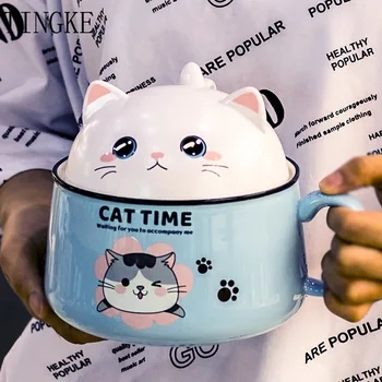 Drăguț Ceramice Tăiței Instant Castron cu Capac Student Dormitor Birou Mare Capacitate Super-Creative Desene animate Noodle Bowl Cana de Cafea
