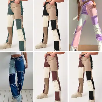 Femei De Moda Mozaic De Înaltă Talie Centura Slim Jeans Straight Denim Pantaloni De Creion