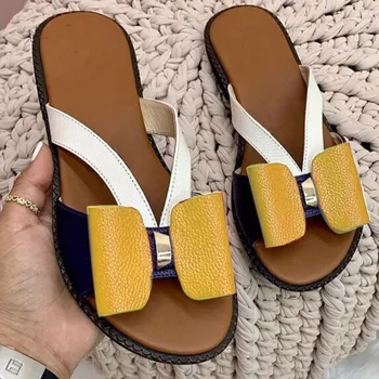 Femei Pantofi de Vară 2021 Femei de Moda, Plat, de Culoare Blocarea Bowknot de Mari Dimensiuni Sandale Papuci PU Plajă în aer liber, Tobogane