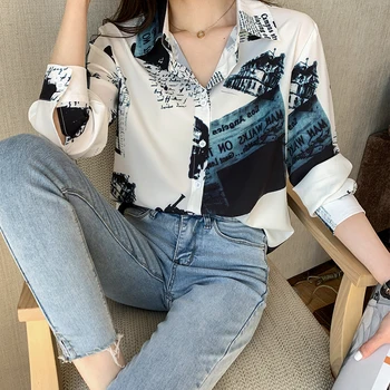 Femei Șifon Bluza Casual Moda de Imprimare Maneca Lunga Bluze Elegante Slim Turn-Dow Guler blusas mujer de Îmbrăcăminte