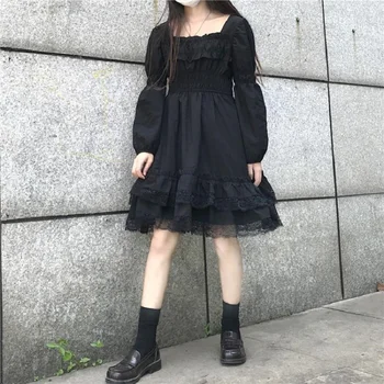 Femeile Japoneze Victorian Gotic Pătrat Guler Volane Din Dantela Neagra Lolita Rochie De Toamna Fete Punk Stil Maneca Lunga, Rochii Mini