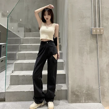 FINEWORDS Talie Mare Libertate Mare Gaură Neagră, Blugi Femei coreene Streetwear Epocă Blugi de Lungime Completă Spălat Blugi Drepte