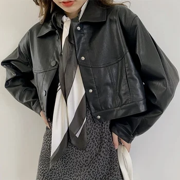 Geaca De Piele Neagra Pentru Femei 2021 Coreeană De Moda Harajuku Strat De Sex Feminin De Epocă Elegant Streetwear Alb Scurt Jacheta Piele Moto