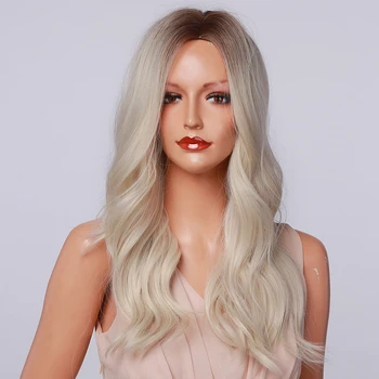 HENRY MARGU Lung Ondulat Blond Platinum Ombre Sintetice Peruci Naturale Cosplay Peruca de Păr pentru Femei, Partea de Mijloc Rezistente la Căldură Peruci