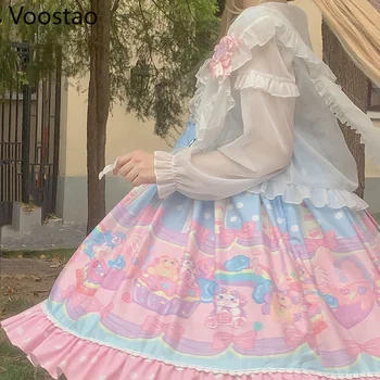 Japoneză Dulce Lolita Jsk Femei Rochie De Epocă Victoriană Desert De Casa Papusa Print Fete Dantela Fără Mâneci Arc Printesa Rochie De Petrecere