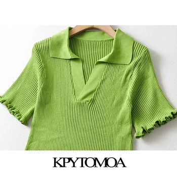 KPYTOMOA Femei 2021 Moda Cu Zburli Ornamente Decupate Tricot Tricou Vintage Guler Rever Maneca Scurta Femei Topuri Mujer