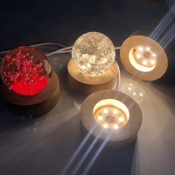 Lemn LED Display Stand 3D Veioza Bază Rotundă din Sticlă Cristal Minge pentru Casa si Decoratiuni Cadouri