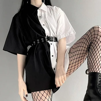Mozaic Femei Rochie Mini Cu Butonul Vrac Solid Streetwear Gotic Maneci Scurte Rochii De Modis Femei Tinute De Petrecere