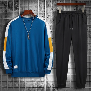 Noi Oamenii Set Solid de Mozaic 2021 Toamnă pentru Bărbați îmbrăcăminte Sport Treninguri Hanorace+Pantaloni 2 BUC Seturi de Hip-Hop Streetwear Liber Trening