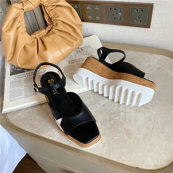 Pantofi femei cu Toc 8cm Square Toe Sandale de Vara, Sandale cu Platforma Pene Tocuri Casual Femei Liane Sandale Femme Pantofi