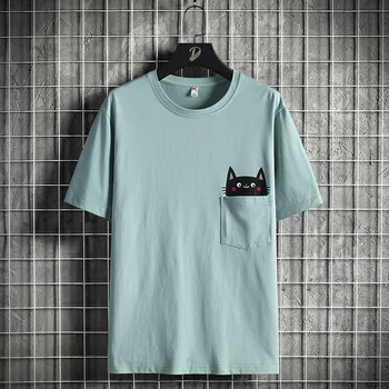 Pisica Neagra Print Tee Shirt Mens Buzunar Cat T-Shirt Om De Epocă Coreean Topuri Confortabil Tricouri De Sex Masculin