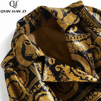 Qian Han Zi cele mai Noi Toamna de Moda Pistei haină Lungă Femei maneca Lunga model vintage print curea de piele Strălucitoare trenci ofițeresc
