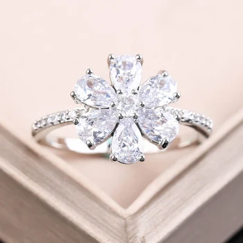 Rafinat Alb Cristal Inel de Nunta Pentru Femei Romantic Petale Engaggement Inel Argint Floare de Culoare Inele Bijuterii de Moda F3Q820