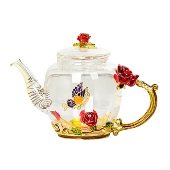Red rose Email Floare de Cristal Ceainic de Sticlă pentru Băuturi Calde și Reci Acasă Drinkware Birou apă ceainic set Ceai cafea