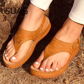 SUAG Wedge Sandale Femei Retro Casual Confortabil Moale din Piele PU Femeie Cataramă Curele de Flip-Flops Pantofi de sex Feminin 2021 Moda