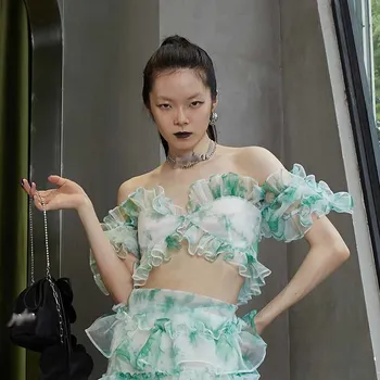 TWOTWINSTYLE Verde Patchwork Print Sexy si Camasi Pentru Femei V-Gât Puff Maneca Scurta Culoare Lovit Bluze de Vara pentru Femeie 2021 Stil Nou