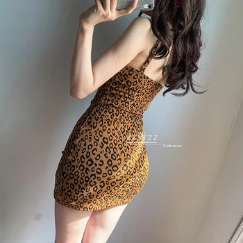 WOMENGAGA Primavara-Vara Topuri Sexy Fierbinte Slim Hip Temperament Animal Print Leopard Slash Gât Rezervor de Vesta Rochii Mini Rochie F6CV