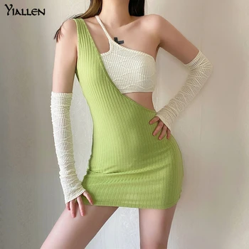 Yiallen Vara Sexy Gol Afară Subțire Un umăr Rochie de Moda pentru Femei Mozaic fără Mâneci Îmbrăcăminte Tricotat Lady Mini Veșminte